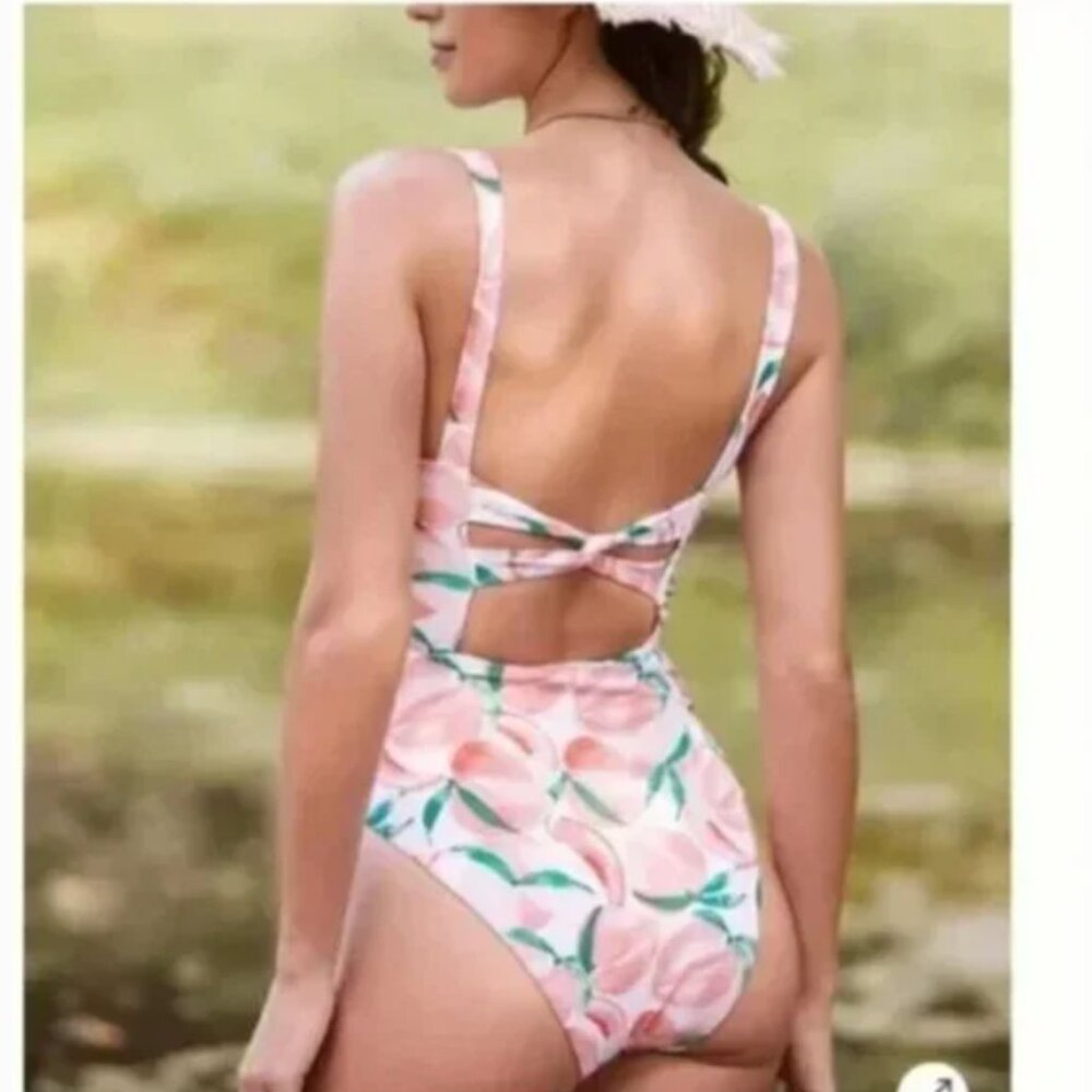⭐️ 🌻 Peaches Fruit Twist-Back Boho Peasant Hipster Hippie One-Piece Swimsuit